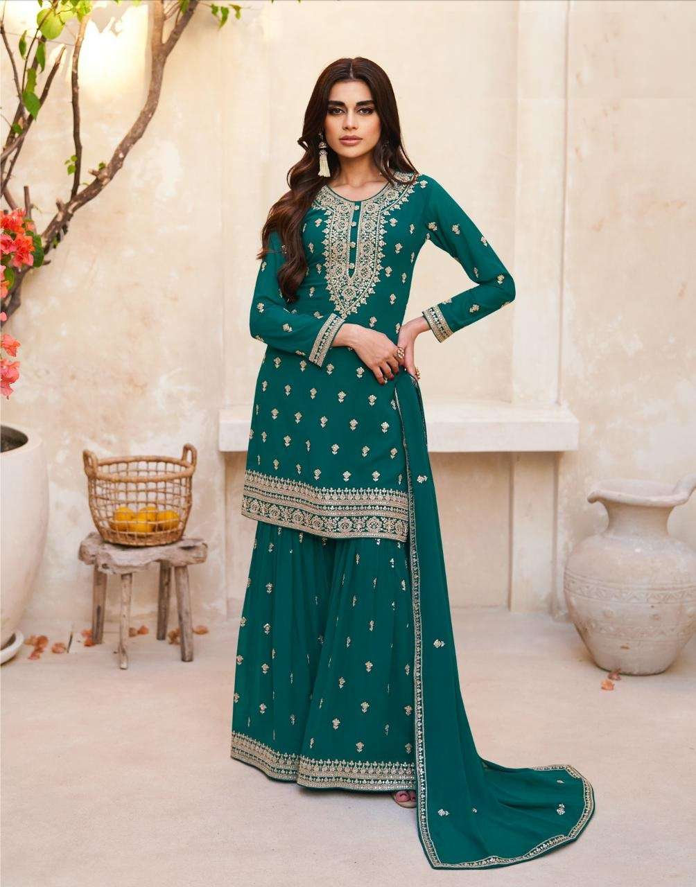 DESIGNER FANCY PARTY WEAR READYMADE FANCY REAL GEORGETTE BLUE SHARARA SALWAR SUIT AF RH ZOHRA 9728