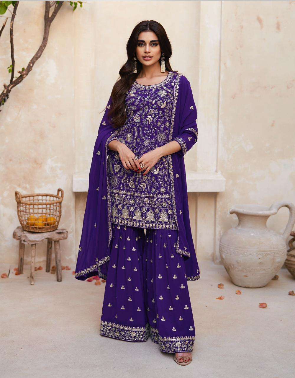 DESIGNER FANCY PARTY WEAR READYMADE FANCY REAL GEORGETTE PURPLE BLUE SHARARA SALWAR SUIT AF RH ZOHRA 9730