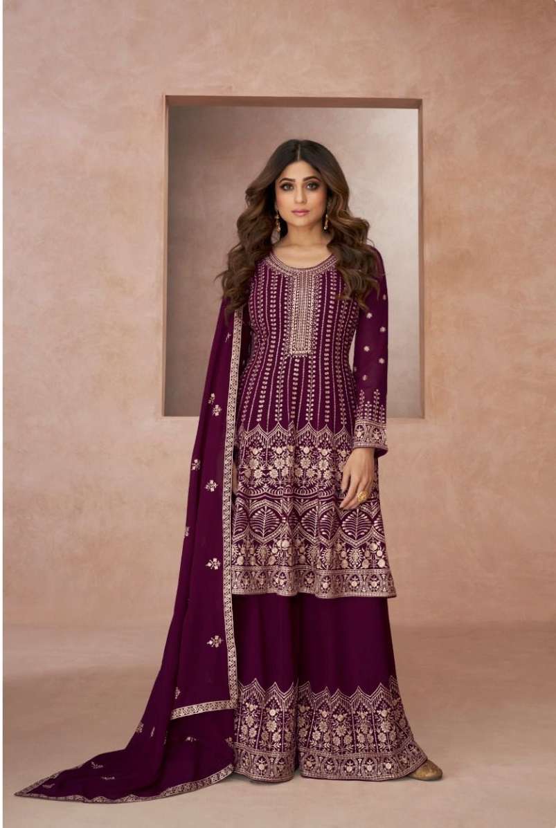 DESIGNER FANCY PARTY WEAR READYMADE FANCY WINE REAL GEORGETTE SHARARA SALWAR SUIT AF RH LAAJO 9512