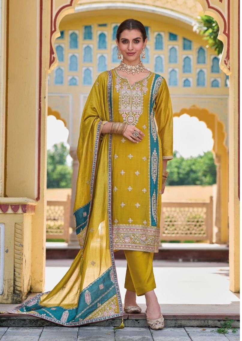 DESIGNER FANCY PARTY WEAR STRAIGHT PREMIUM YELLOW SILK SALWAR SUIT EB SOPHIA 1622