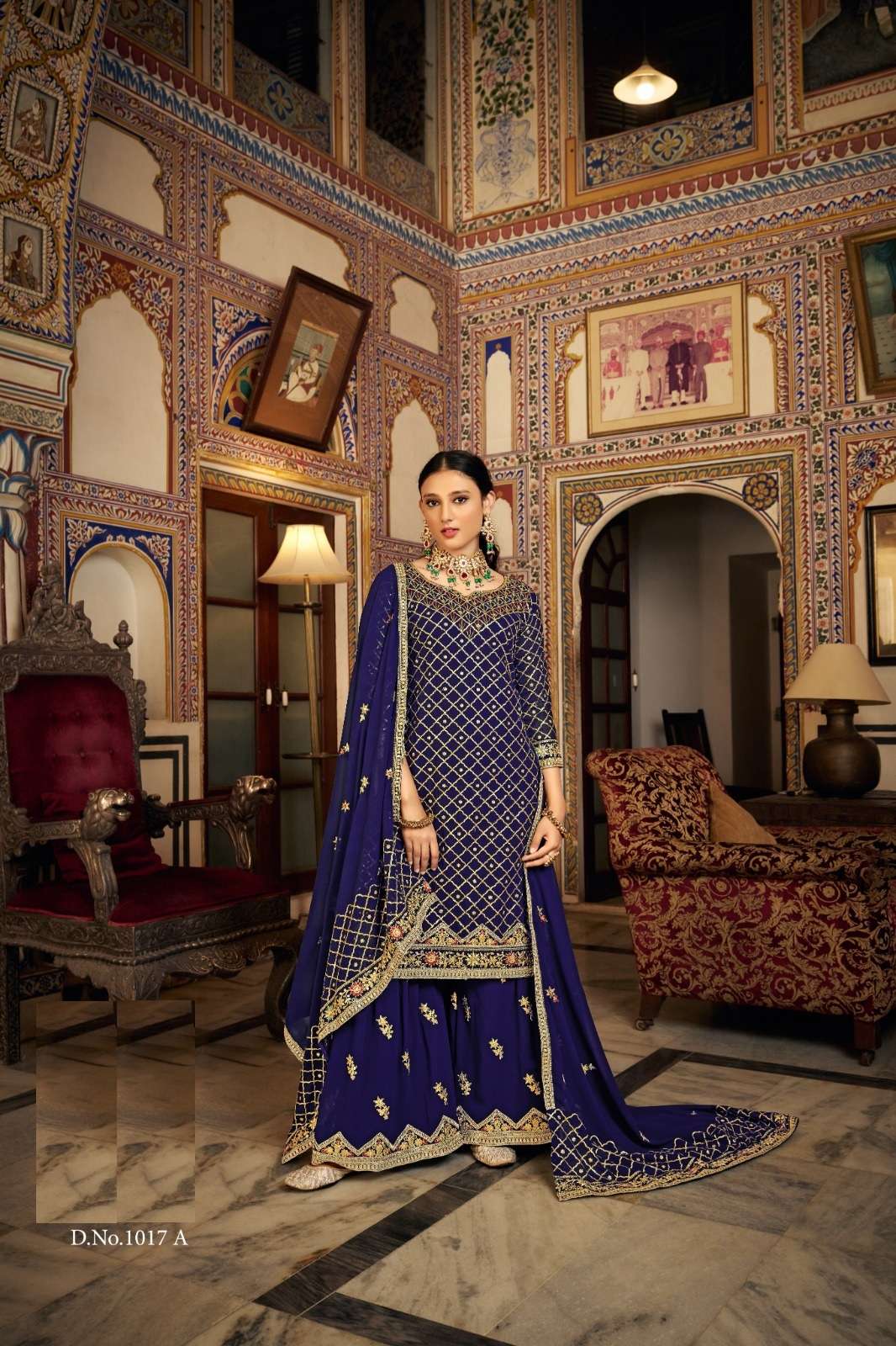 DESIGNER FANCY PARTY WEDDING WEAR BLUE CHINON INDAIN SHARARA SALWAR SUIT SBH ZEEL 1017A