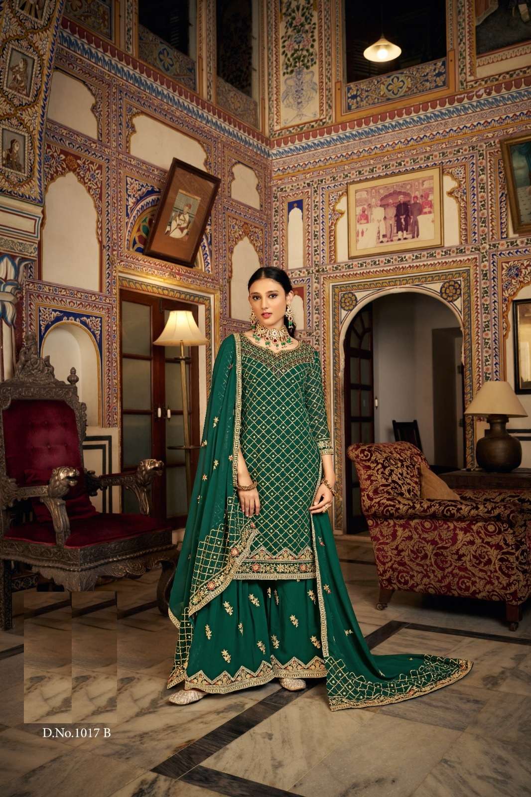 DESIGNER FANCY PARTY WEDDING WEAR GREEN CHINON INDAIN SHARARA SALWAR SUIT SBH ZEEL 1017B