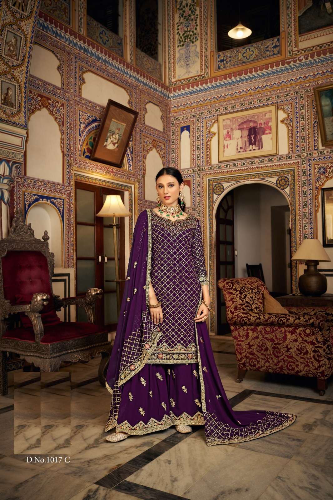 DESIGNER FANCY PARTY WEDDING WEAR PURPLE CHINON INDAIN SHARARA SALWAR SUIT SBH ZEEL 1017C