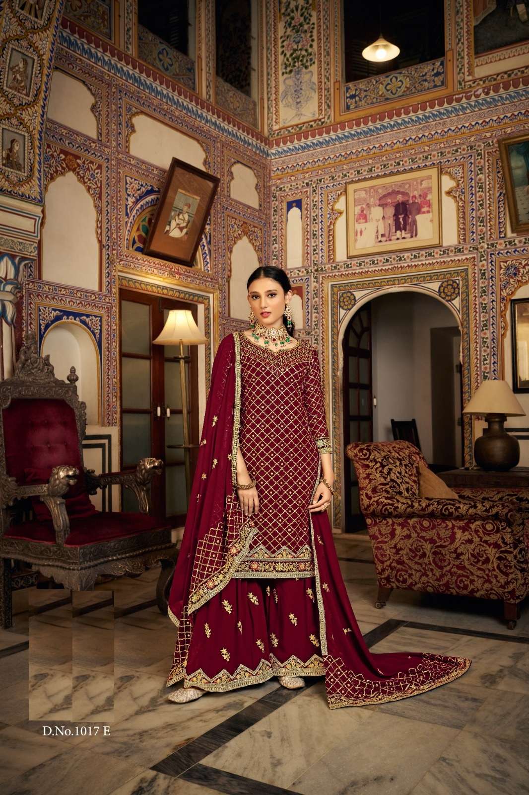 DESIGNER FANCY PARTY WEDDING WEAR RED CHINON INDAIN SHARARA SALWAR SUIT SBH ZEEL 1017E