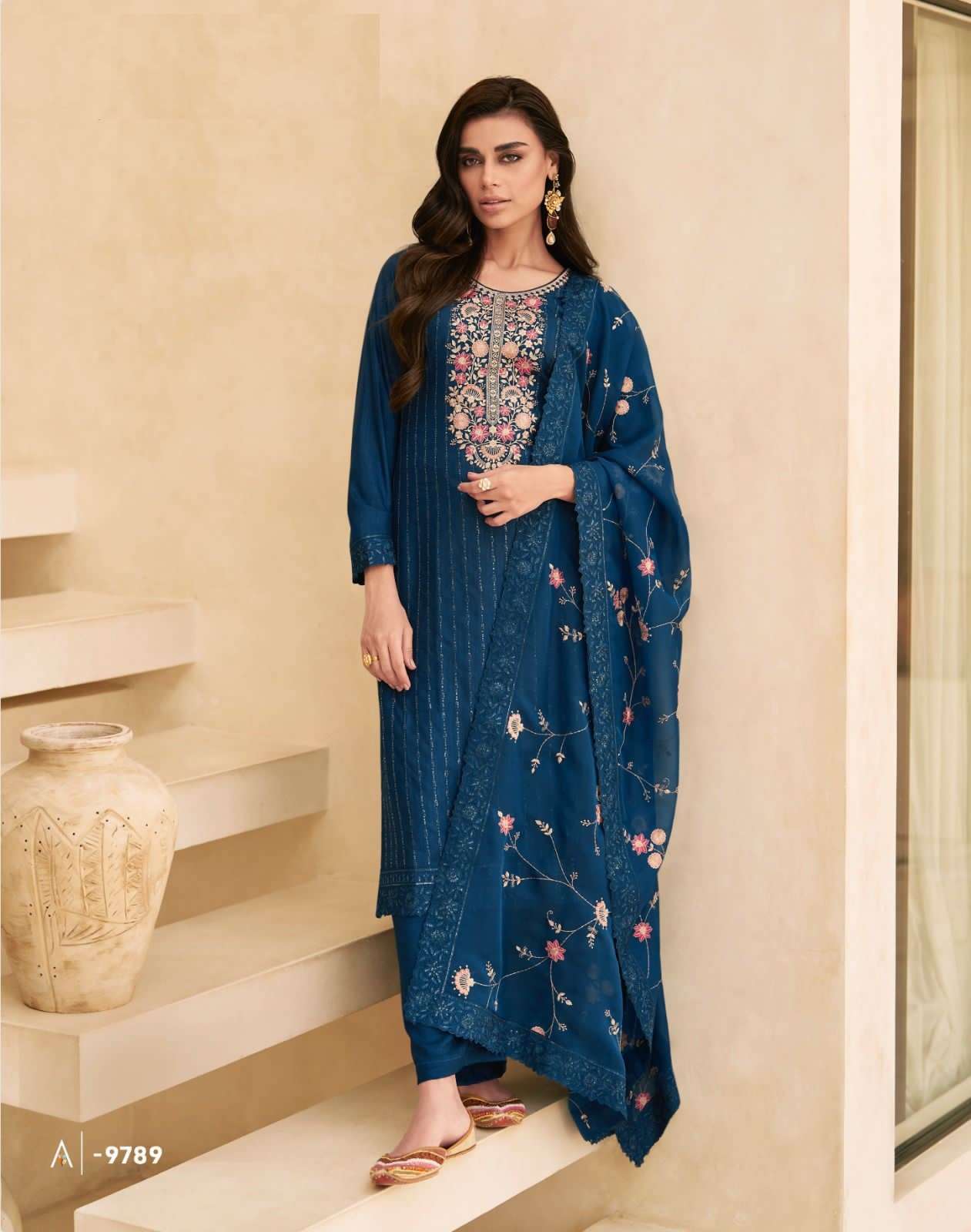 DESIGNER FANCY WEDDING PARTY WEAR BLUE DOLA SILK STRAIGHT PAKISTANI SALWAR SUIT AF AFREEN 9789