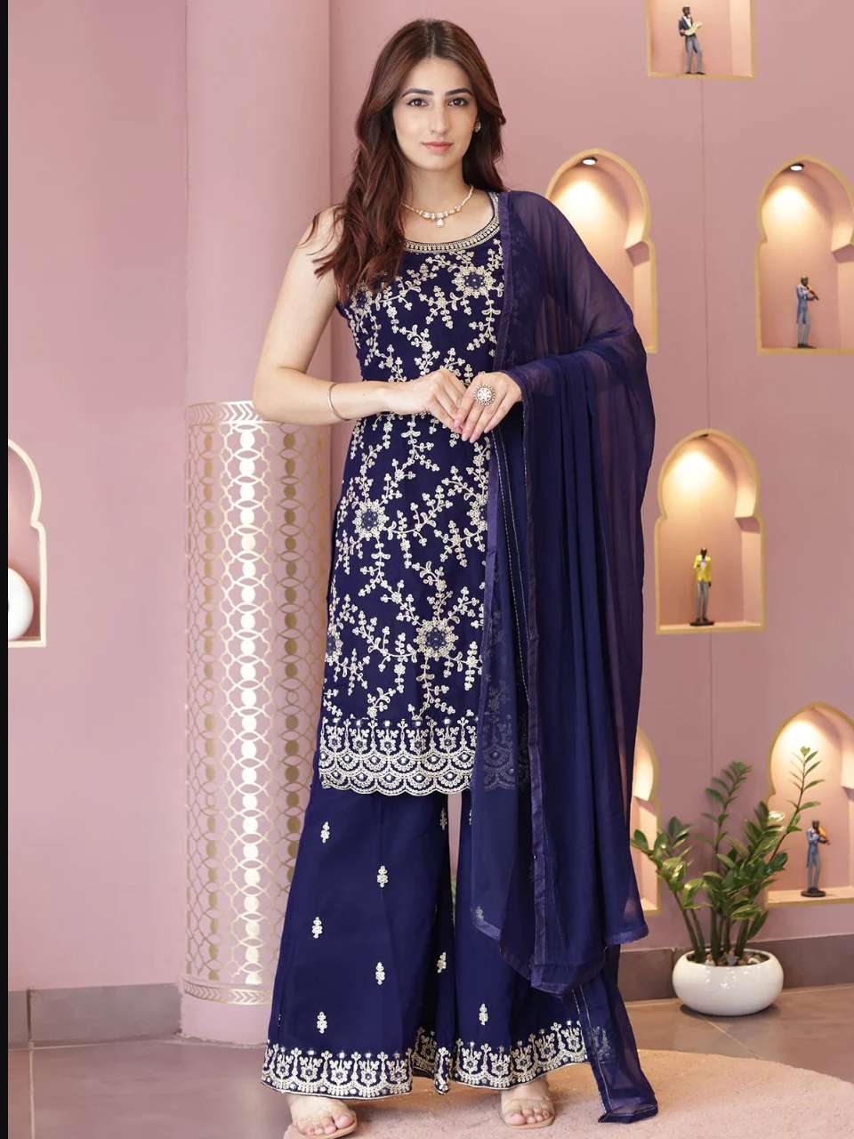 DESIGNER FANCY WEDDING PARTY WEAR BLUE GEORGETTE PLAZZO SALWAR SUIT JGS 5051E