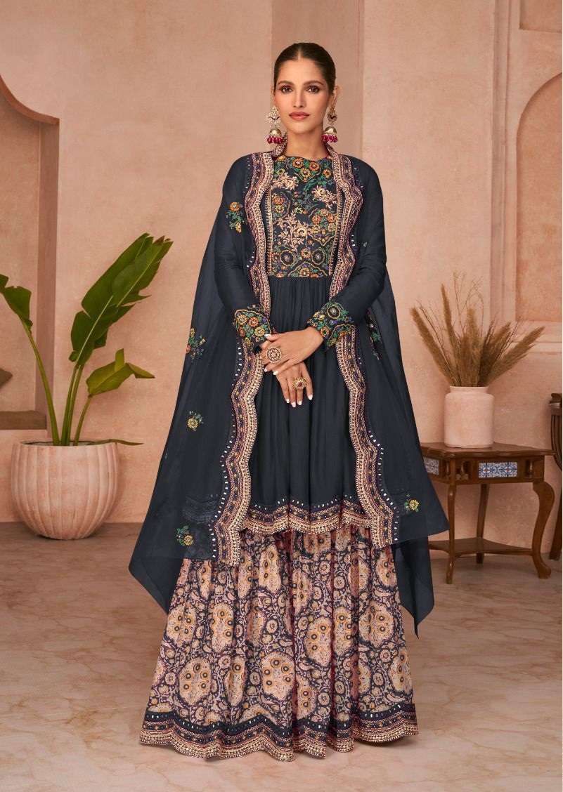 DESIGNER FANCY WEDDING PARTY WEAR BLUE GEORGETTE SHARARA SALWAR SUIT GOWN SAYURI OCCASION 5232C