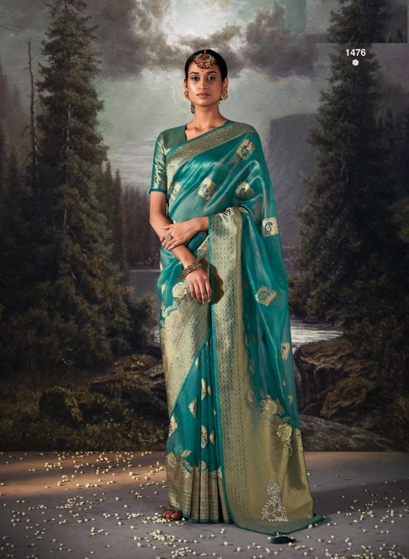 DESIGNER FANCY WEDDING PARTY WEAR DESIGNER BLUE GREEN BANARASI SILK FABRIC SAREE SM KIMORA RAT RANI 1476