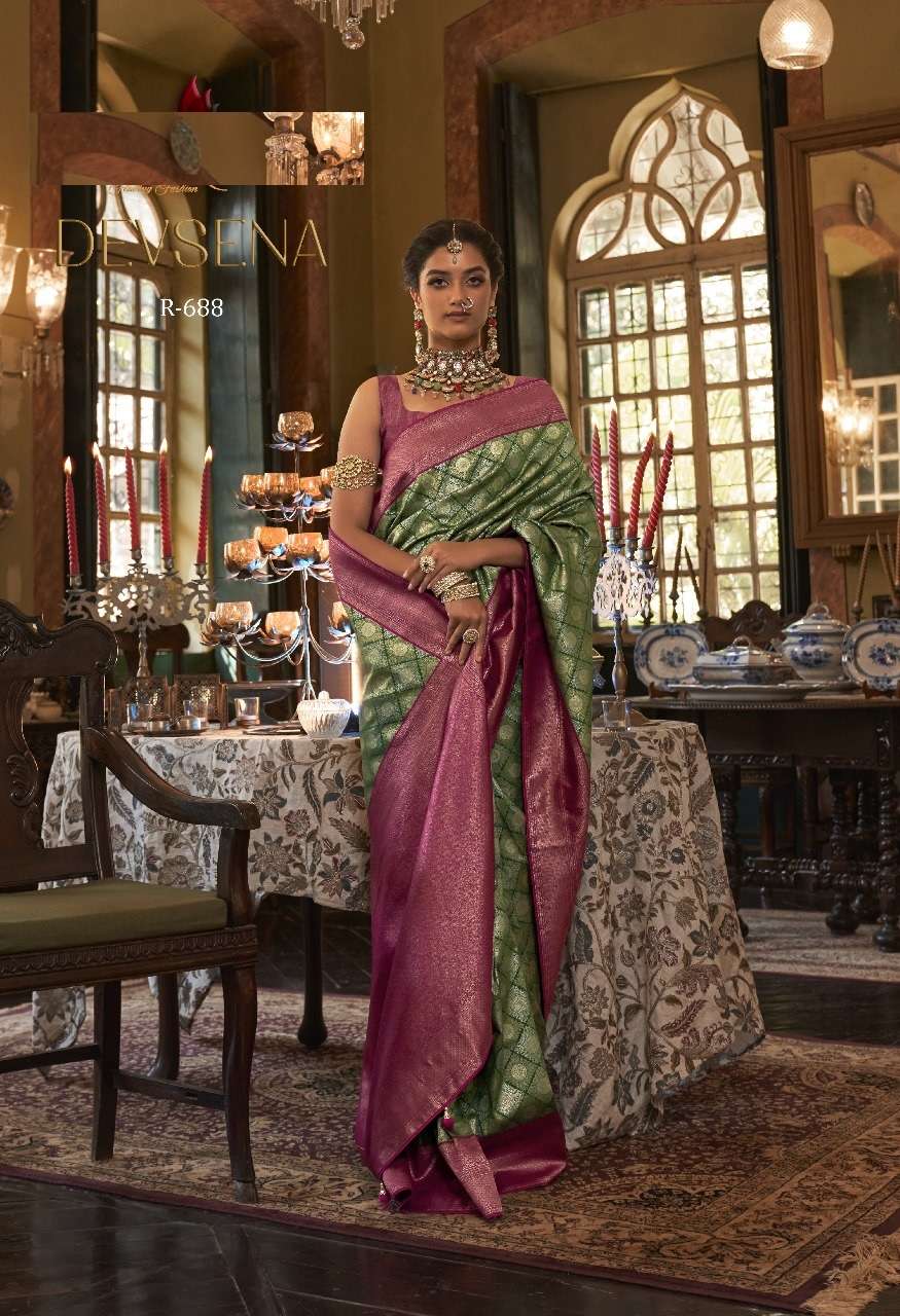 DESIGNER FANCY WEDDING PARTY WEAR DESIGNER GREEN SILK FABRIC SAREE SM RW DEVSENA 688