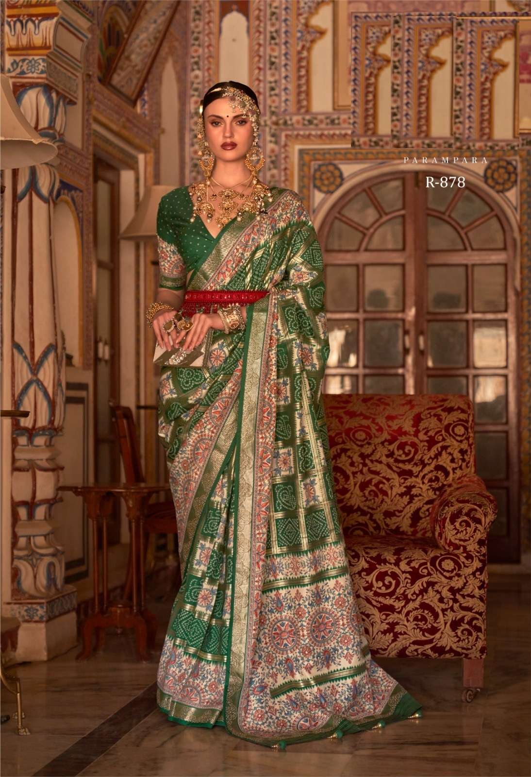 DESIGNER FANCY WEDDING PARTY WEAR DESIGNER GREEN SILK FABRIC SAREE SM RV PARAMPARA 878