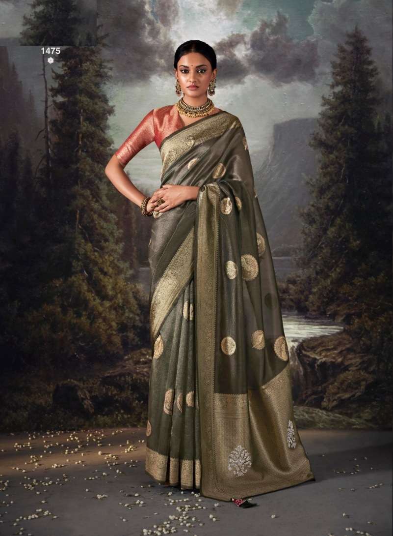 DESIGNER FANCY WEDDING PARTY WEAR DESIGNER GREY BANARASI SILK FABRIC SAREE SM KIMORA RAT RANI 1475