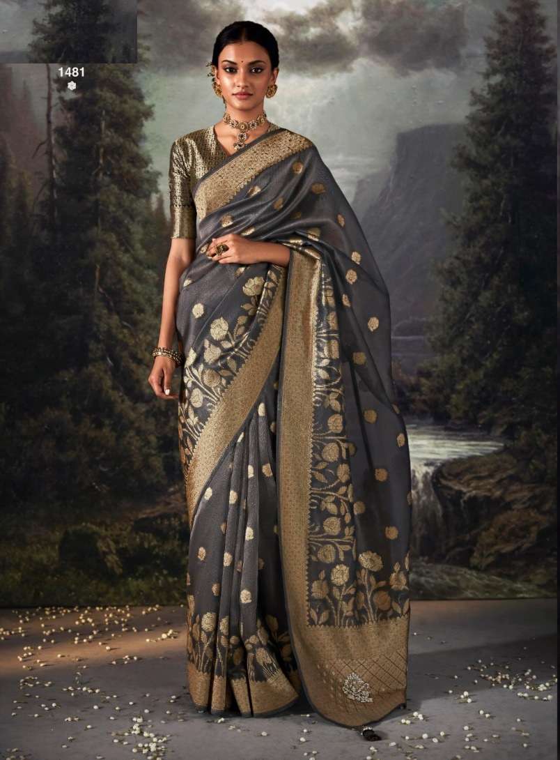 DESIGNER FANCY WEDDING PARTY WEAR DESIGNER GREY BANARASI SILK FABRIC SAREE SM KIMORA RAT RANI 1481