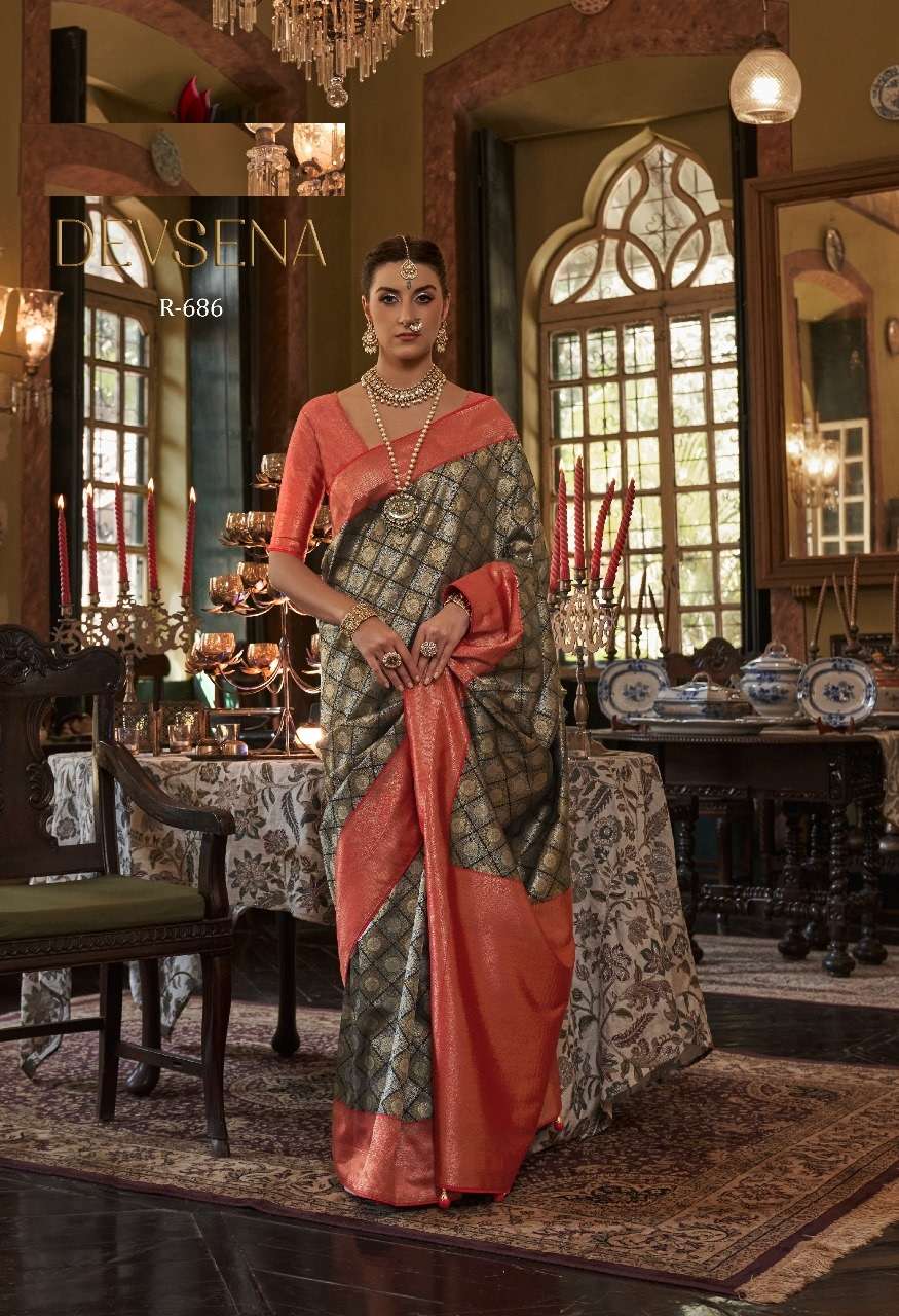 DESIGNER FANCY WEDDING PARTY WEAR DESIGNER GREY SILK FABRIC SAREE SM RW DEVSENA 686