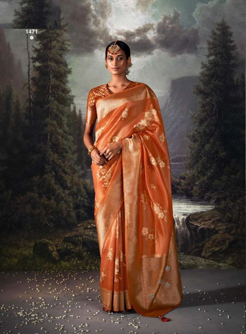 DESIGNER FANCY WEDDING PARTY WEAR DESIGNER ORANGE BANARASI SILK FABRIC SAREE SM KIMORA RAT RANI 1471