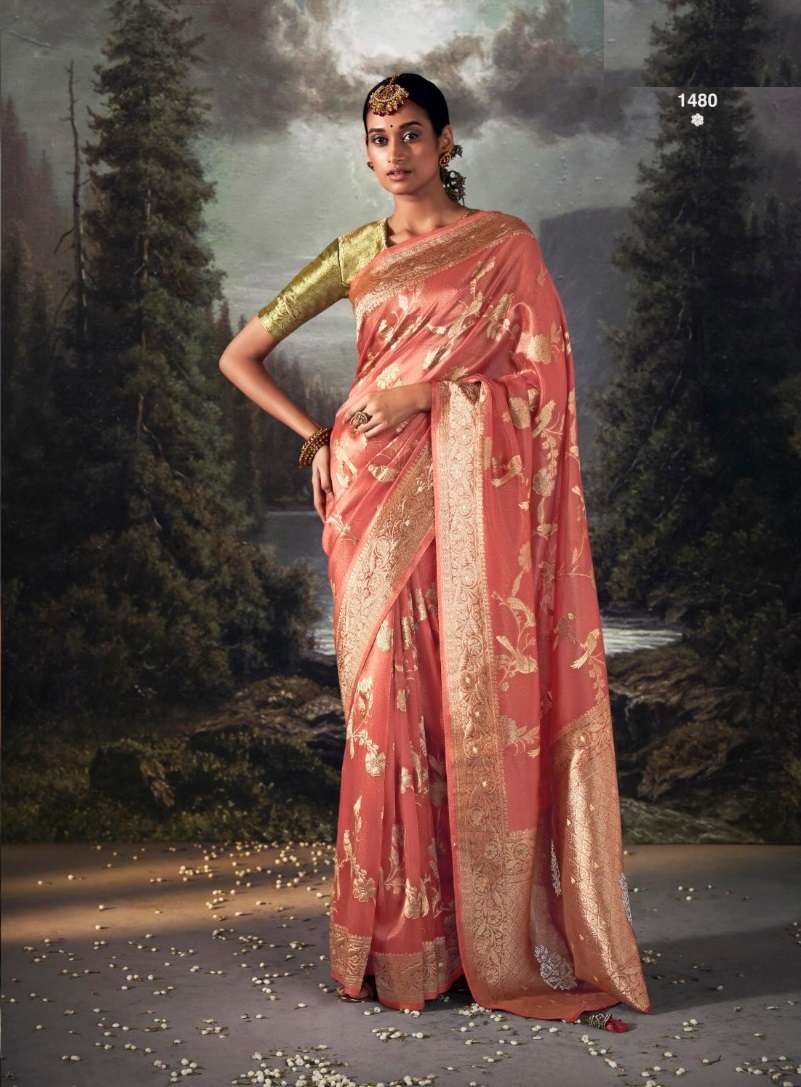 DESIGNER FANCY WEDDING PARTY WEAR DESIGNER ORANGE BANARASI SILK FABRIC SAREE SM KIMORA RAT RANI 1480