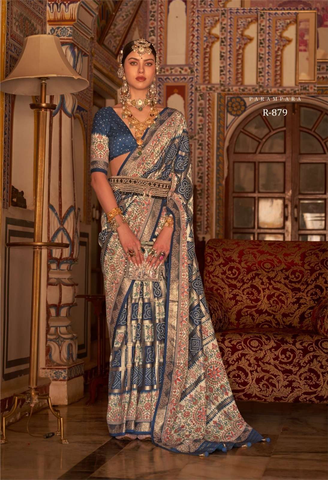 DESIGNER FANCY WEDDING PARTY WEAR DESIGNER RAMA BLUE SILK FABRIC SAREE SM RV PARAMPARA 879