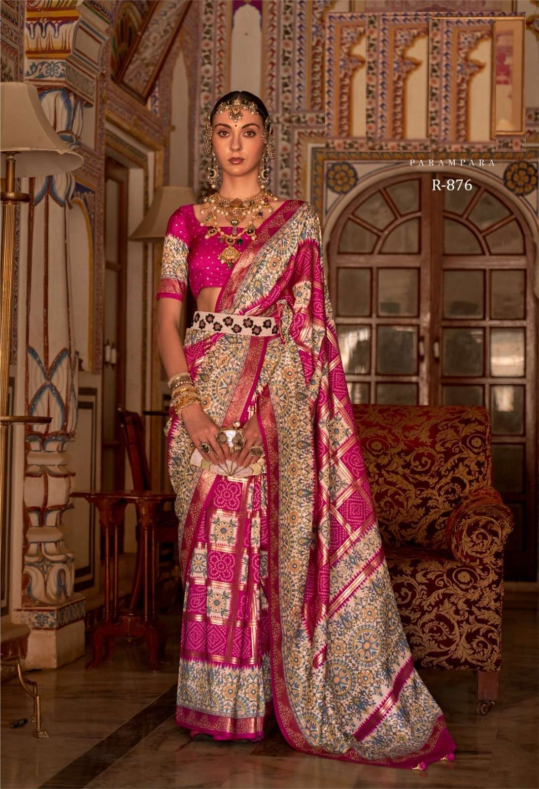 DESIGNER FANCY WEDDING PARTY WEAR DESIGNER RANI PINK SILK FABRIC SAREE SM RV PARAMPARA 876