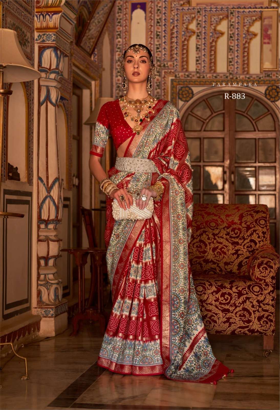 DESIGNER FANCY WEDDING PARTY WEAR DESIGNER RED SILK FABRIC SAREE SM RV PARAMPARA 886