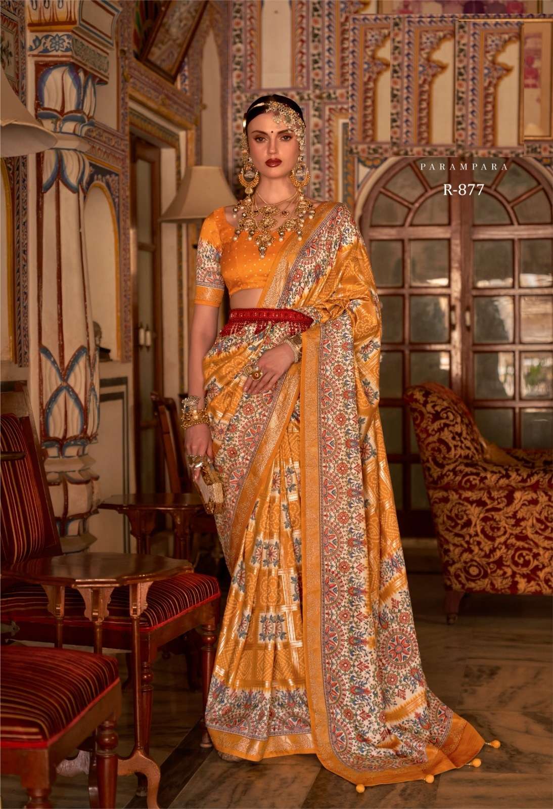 DESIGNER FANCY WEDDING PARTY WEAR DESIGNER YELLOW SILK FABRIC SAREE SM RV PARAMPARA 877