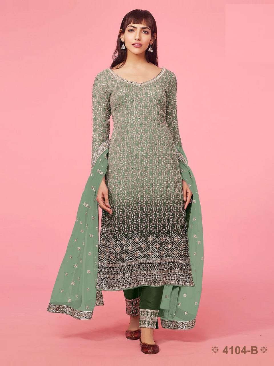 DESIGNER FANCY WEDDING PARTY WEAR FAUX GEORGETTE STRAIGHT GREEN INDIAN PAKISTANI SALWAR SUIT JG 4104B