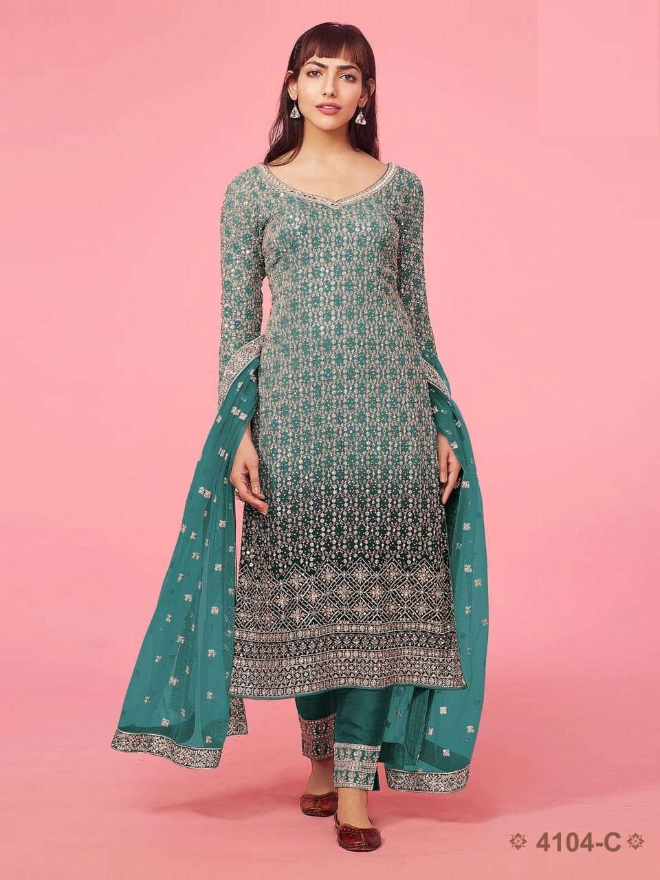 DESIGNER FANCY WEDDING PARTY WEAR FAUX GEORGETTE STRAIGHT BLUE INDIAN PAKISTANI SALWAR SUIT JG 4104C