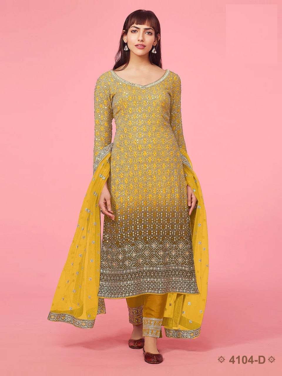 DESIGNER FANCY WEDDING PARTY WEAR FAUX GEORGETTE STRAIGHT YELLOW INDIAN PAKISTANI SALWAR SUIT JG 4104D