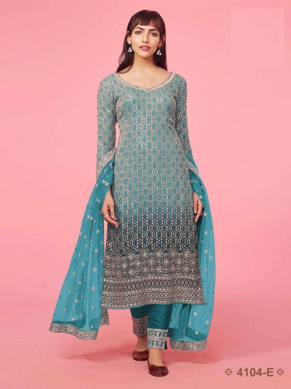 DESIGNER FANCY WEDDING PARTY WEAR FAUX GEORGETTE STRAIGHT AQUA BLUE INDIAN PAKISTANI SALWAR SUIT JG 4104E