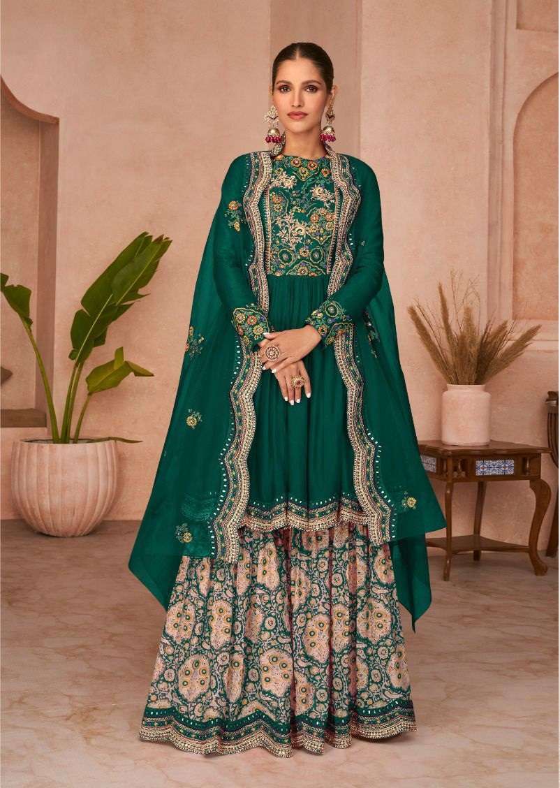 DESIGNER FANCY WEDDING PARTY WEAR GREEN GEORGETTE SHARARA SALWAR SUIT GOWN SAYURI OCCASION 5232A