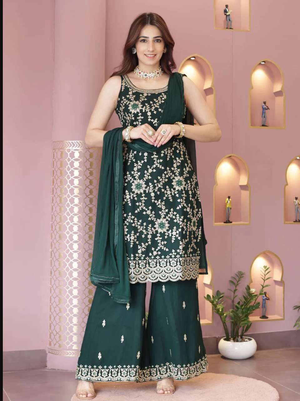 DESIGNER FANCY WEDDING PARTY WEAR GREEN GEORGETTE PLAZZO SALWAR SUIT JGS 5051D