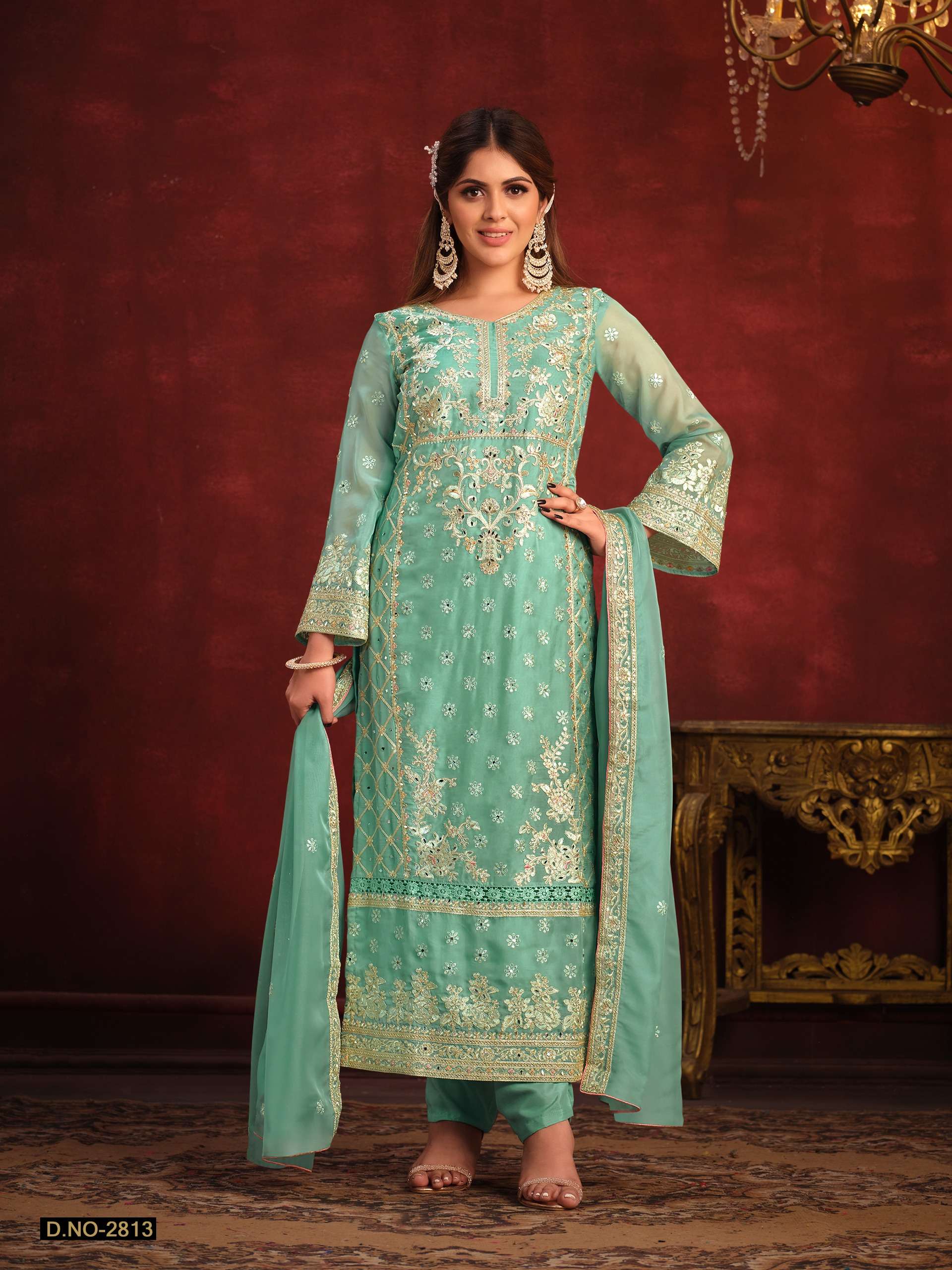 DESIGNER FANCY WEDDING PARTY WEAR GREEN ORGANZA STRAIGHT PAKISTANI SALWAR SUIT TWISHA 2813