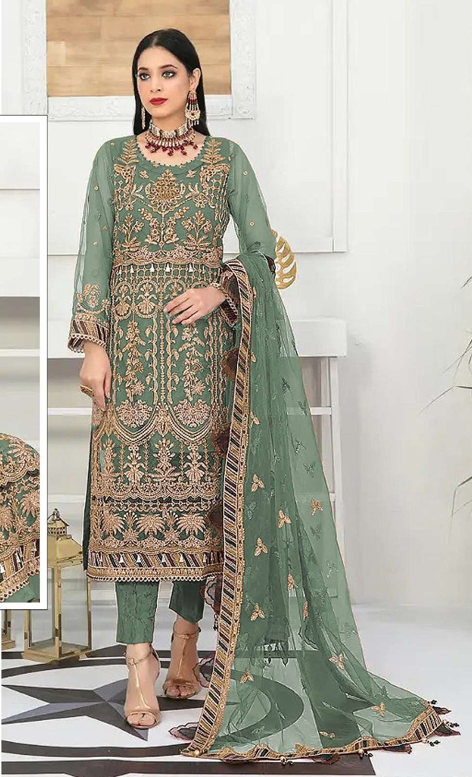 DESIGNER FANCY WEDDING PARTY WEAR GREEN PAKISTANI SALWAR SUIT IN NET FABRIC JG 5107B