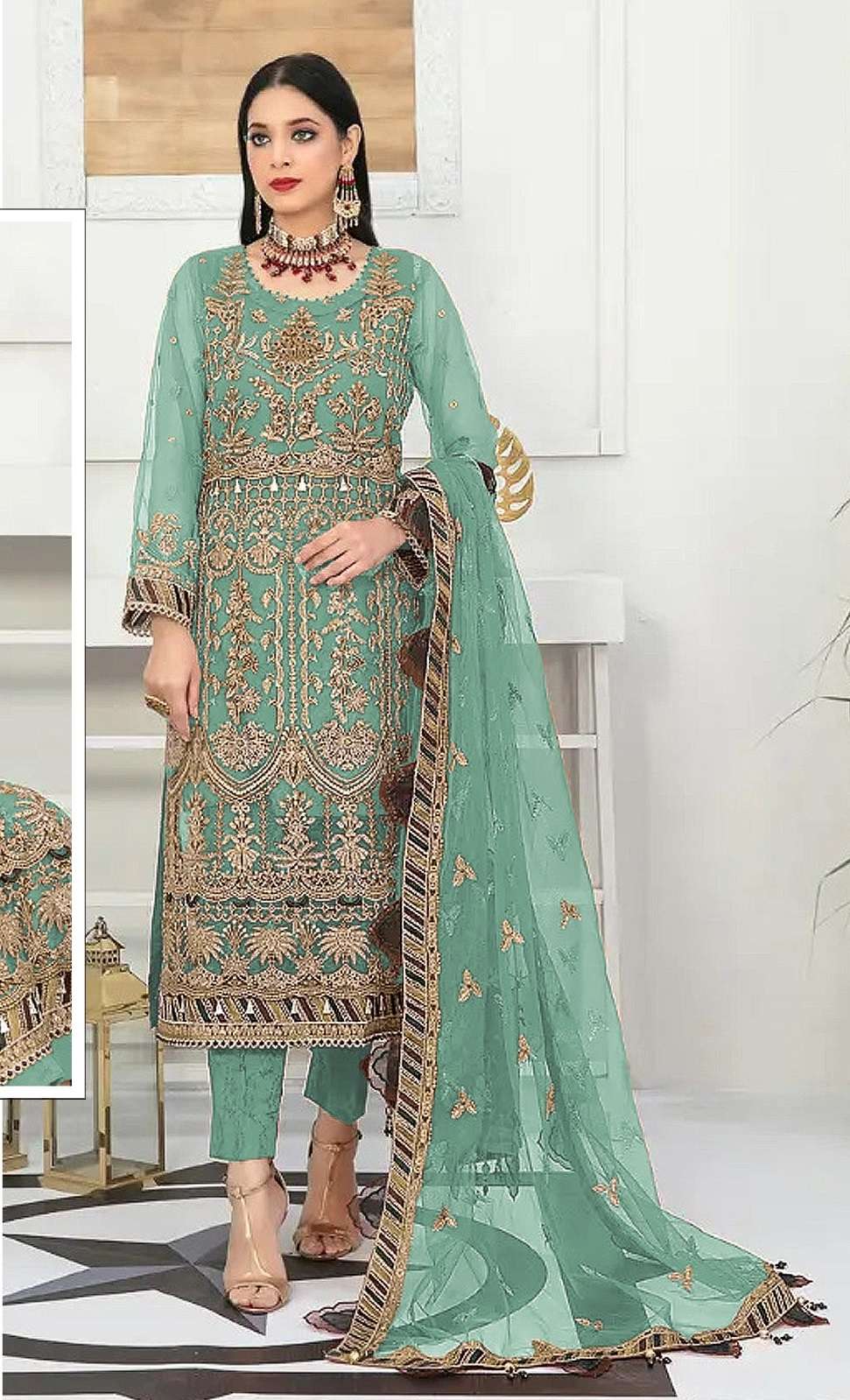 DESIGNER FANCY WEDDING PARTY WEAR GREEN PAKISTANI SALWAR SUIT IN NET FABRIC JG 5107D