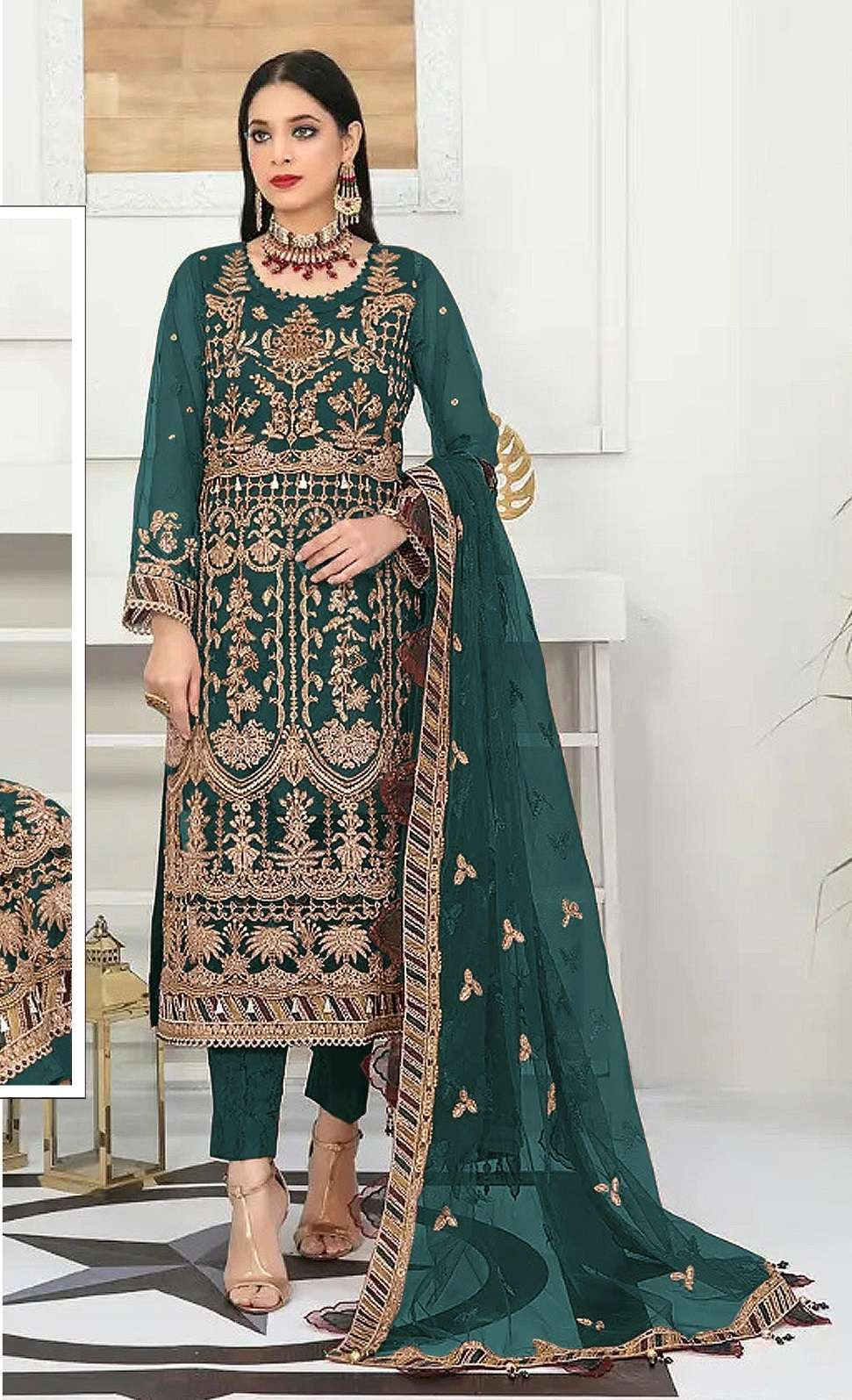 DESIGNER FANCY WEDDING PARTY WEAR GREEN PAKISTANI SALWAR SUIT IN NET FABRIC JG 5107F