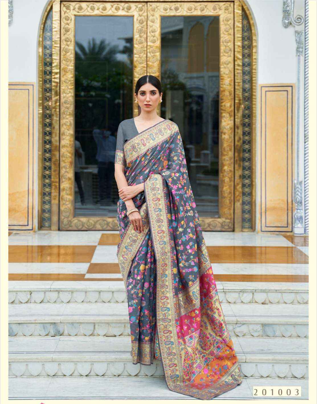 DESIGNER FANCY WEDDING PARTY WEAR GREY BANARASI SILK SAREE SM RJT KASHIFA 201003