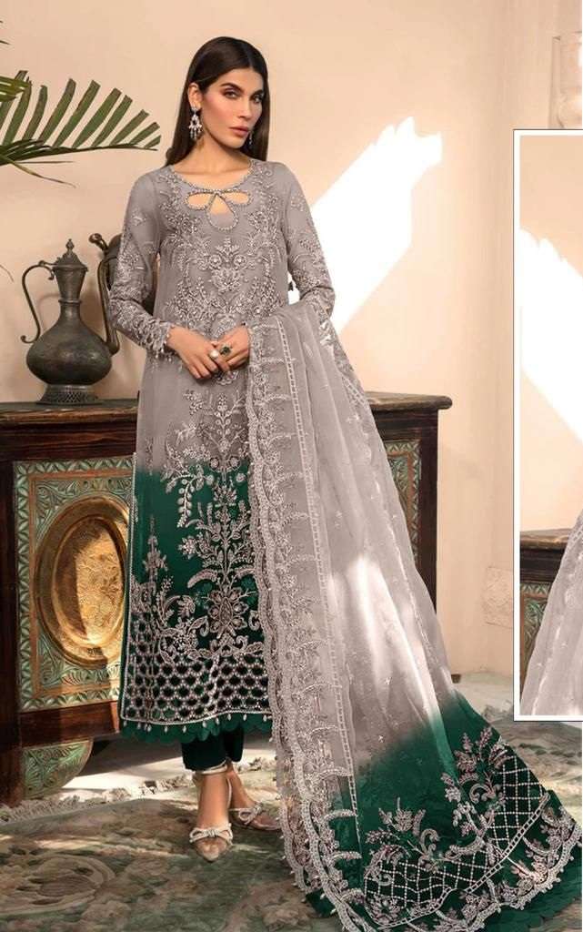 DESIGNER FANCY WEDDING PARTY WEAR GREY PAKISTANI SALWAR SUIT IN ORGANZA FABRIC JG 5109B