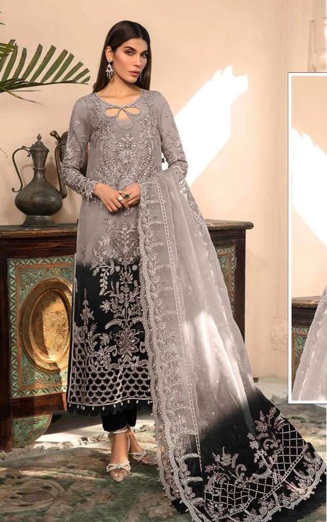 DESIGNER FANCY WEDDING PARTY WEAR GREY PAKISTANI SALWAR SUIT IN ORGANZA FABRIC JG 5109C