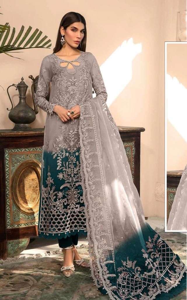 DESIGNER FANCY WEDDING PARTY WEAR GREY PAKISTANI SALWAR SUIT IN ORGANZA FABRIC JG 5109D