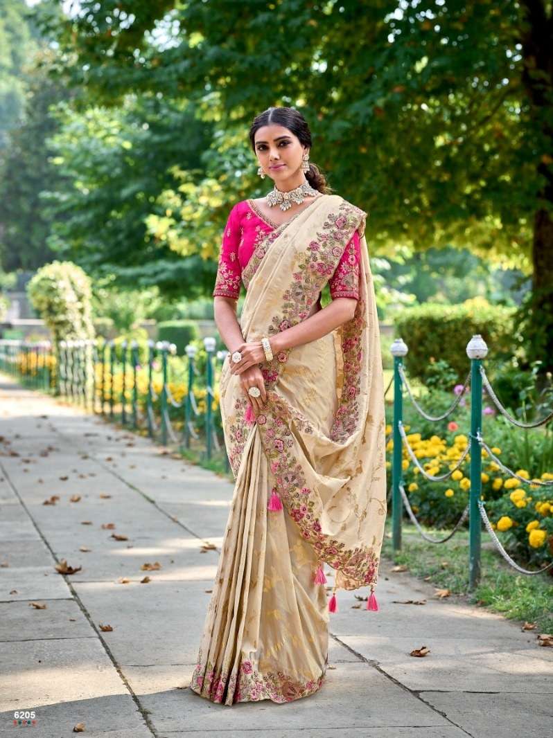 DESIGNER FANCY WEDDING PARTY WEAR HEAVY CHIKU SILK SAREE COLLECTION SM TATHASTU 6205