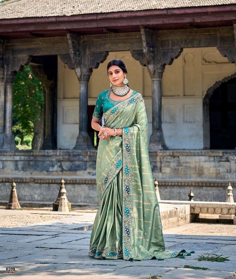 DESIGNER FANCY WEDDING PARTY WEAR HEAVY PISTA GREEN SILK SAREE COLLECTION SM TATHASTU 6209