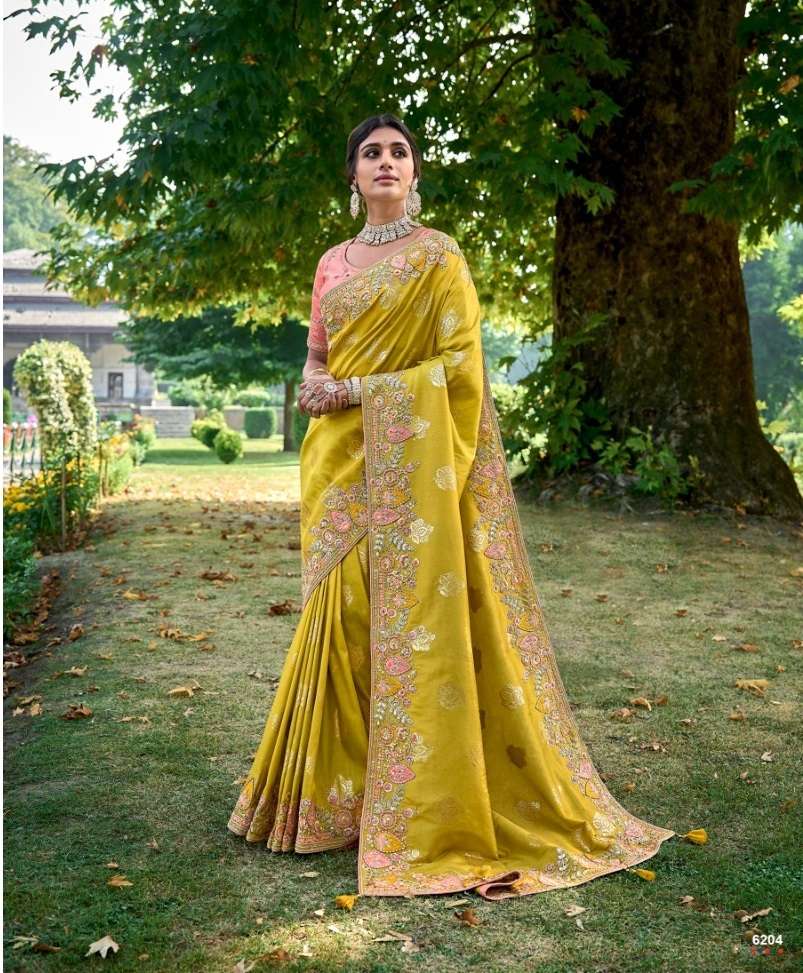 DESIGNER FANCY WEDDING PARTY WEAR HEAVY YELLOW SILK SAREE COLLECTION SM TATHASTU 6204