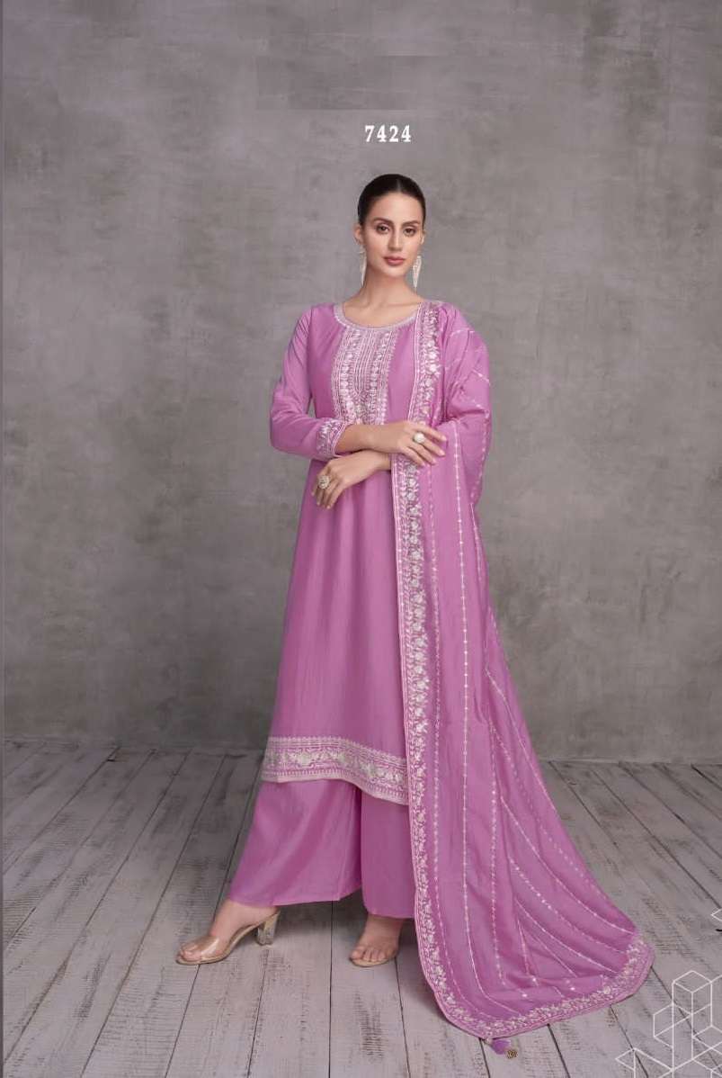 DESIGNER FANCY WEDDING PARTY WEAR LAVENDER PREMIUM SILK STRAIGHT SALWAR SUIT AF ZOYA 7424