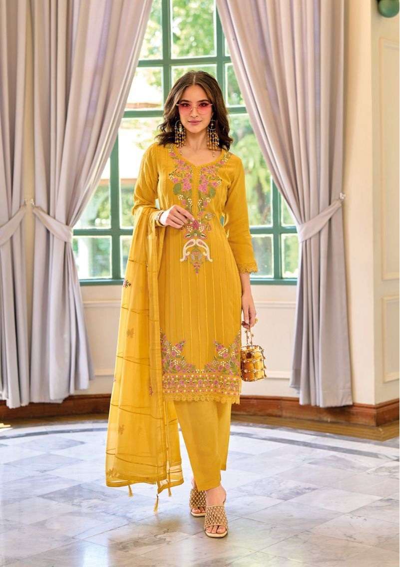 DESIGNER FANCY WEDDING PARTY WEAR ORGANZA STRAIGHT YELLOW PAKISTANI SALWAR SUIT EB GLORY 1259