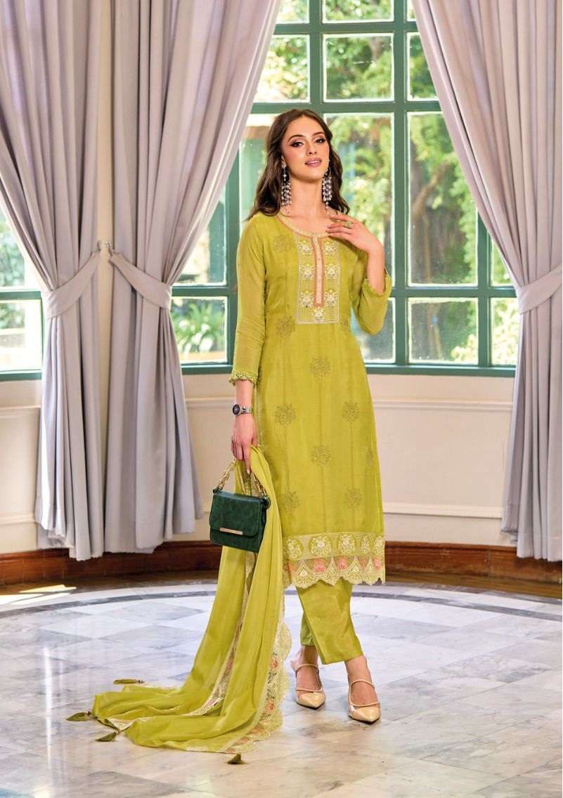 DESIGNER FANCY WEDDING PARTY WEAR ORGANZA STRAIGHT YELLOW GREEN PAKISTANI SALWAR SUIT EB GLORY 1261