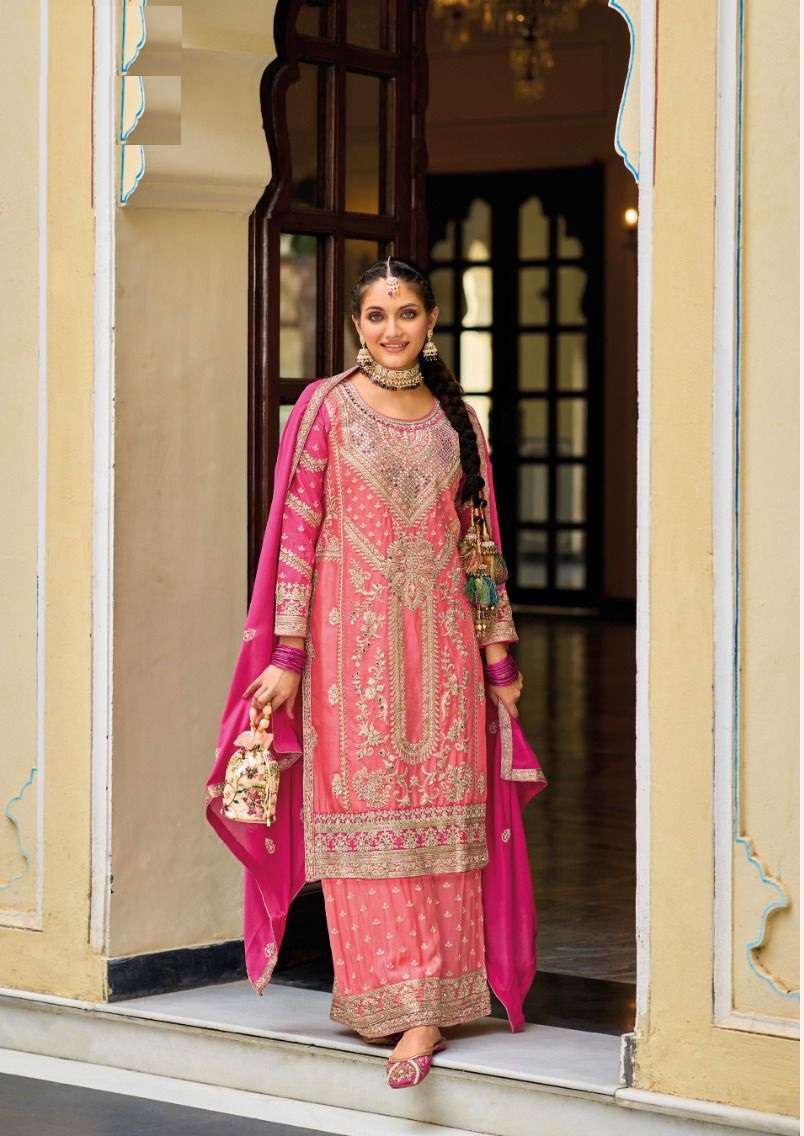 DESIGNER FANCY WEDDING PARTY WEAR PAKISTAN PEACE SHARARA SALWAR SUIT IN CHINON FABRIC EB SURULI 1630