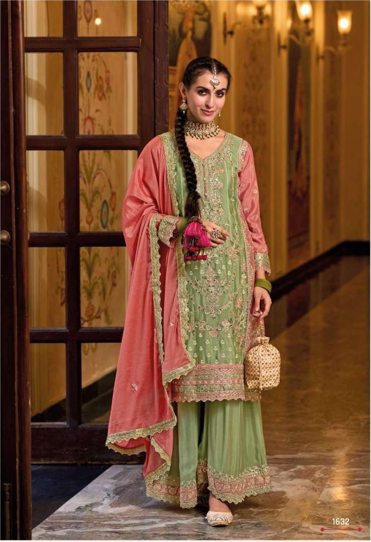 DESIGNER FANCY WEDDING PARTY WEAR PAKISTAN PISTA GREEN SHARARA SALWAR SUIT IN CHINON FABRIC EB SURULI 1632