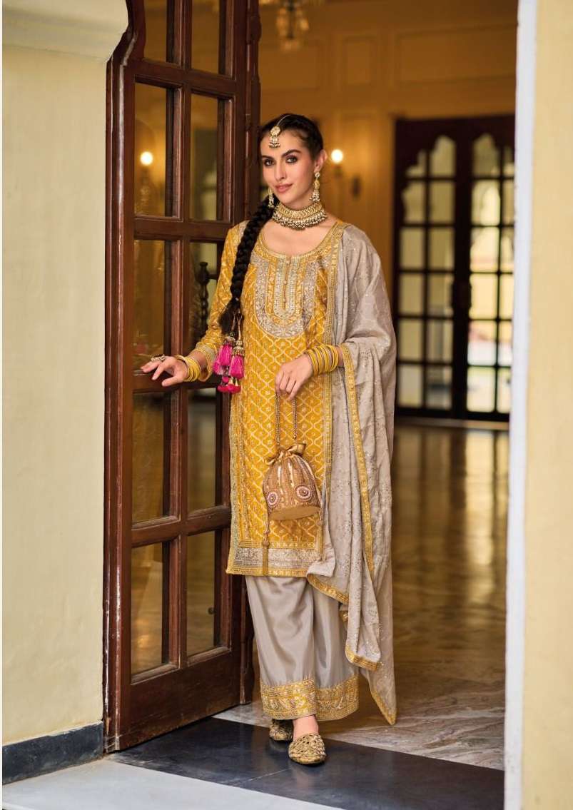 DESIGNER FANCY WEDDING PARTY WEAR PAKISTAN YELLOW SHARARA SALWAR SUIT IN CHINON FABRIC EB SURULI 1631