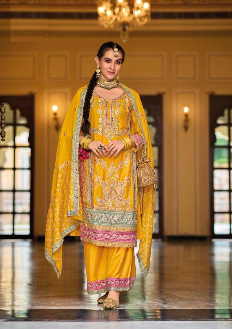 DESIGNER FANCY WEDDING PARTY WEAR PAKISTAN YELLOW SHARARA SALWAR SUIT IN CHINON FABRIC EB SURULI 1633