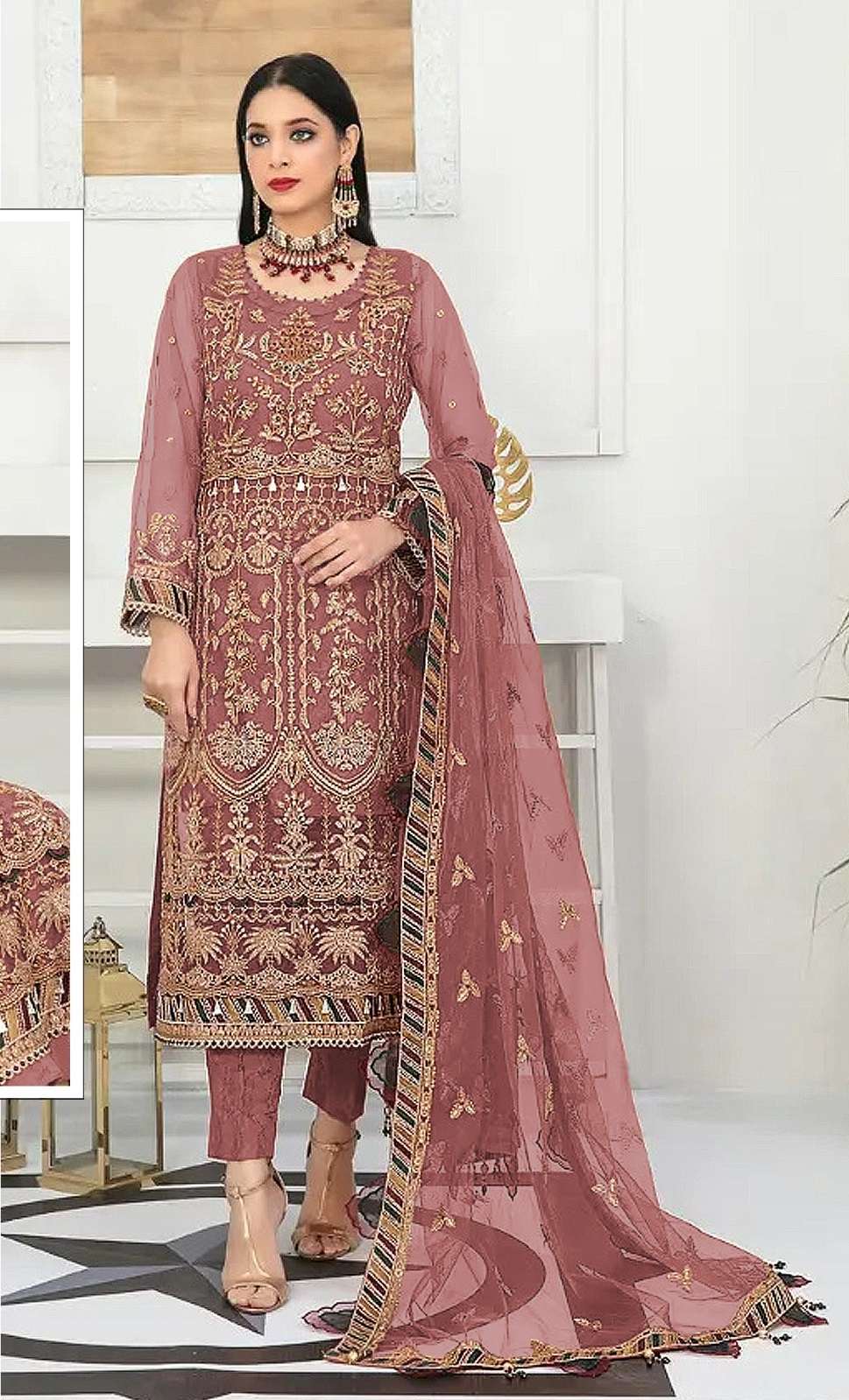 DESIGNER FANCY WEDDING PARTY WEAR PEACE PAKISTANI SALWAR SUIT IN NET FABRIC JG 5107C