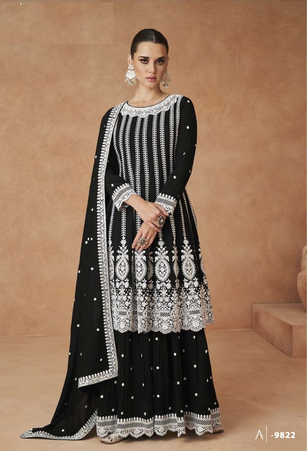 DESIGNER FANCY WEDDING PARTY WEAR PREMIUM BLACK SILK STRAIGHT INDIAN PAKISTANI SALWAR SUIT AF ELNAAZ 9822