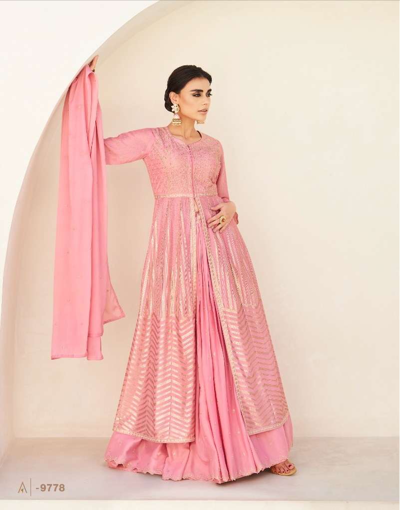 DESIGNER FANCY WEDDING PARTY WEAR PREMIUM CHINON SILK PINK INDIAN PAKISTANI ANARKALI STYLE GOWN SALWAR SUIT AF NAAZ 9777